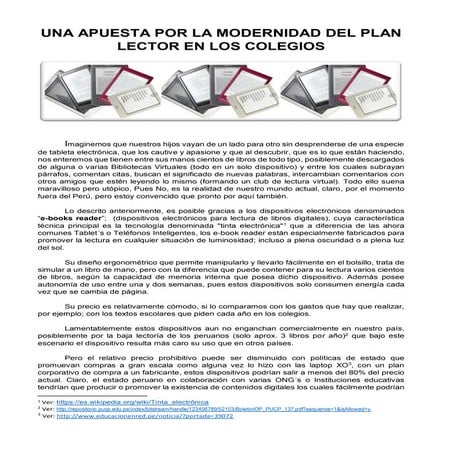 UNA APUESTA POR LA MODERNIDAD DEL PLAN LECTOR EN LOS COLEGIOS