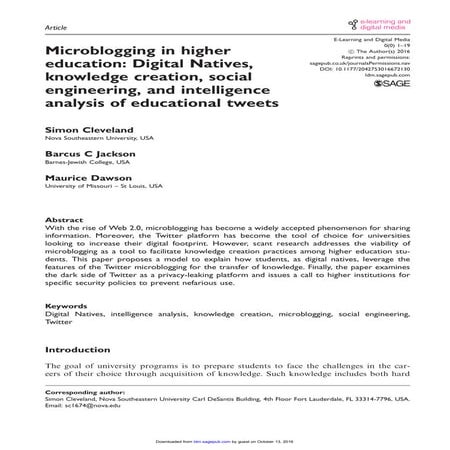 Microblogging in higher education: Digital Natives, knowledge creation, social engineering, and intelligence analysis of educational tweets