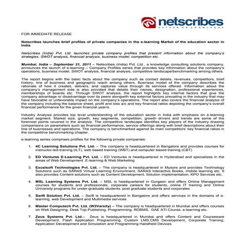 E learning Market in india 2011 - Company Profiles