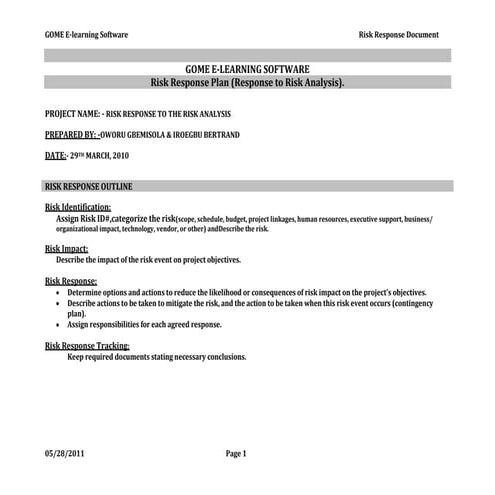 E learning software risk response plan