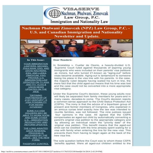 U.S. & CANADIAN IMMIGRATION LAW UPDATE: CSPA, Renewal of DACA, CIR, NAFTA, TN...