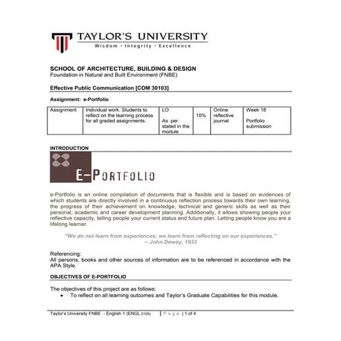 E portfolio assignment brief