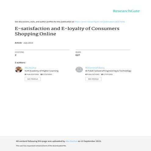 E satisfaction e-loyalty of consumers shopping online
