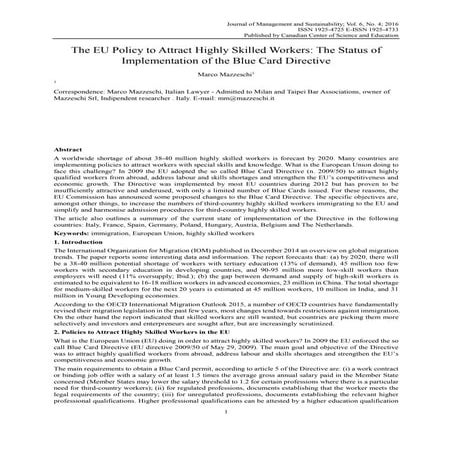  EU policy to attract highly skilled workers: status of implementatino of Blue Card Directive