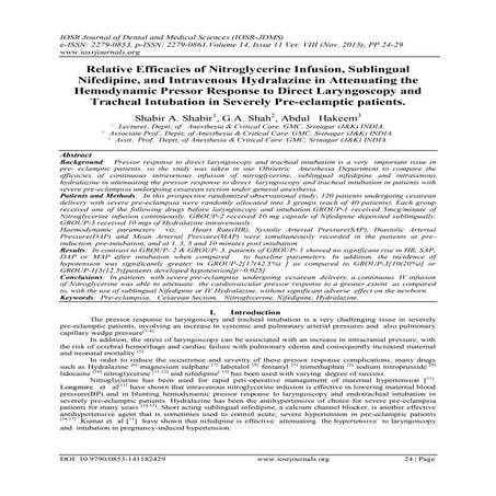 Relative Efficacies of Nitroglycerine Infusion, Sublingual Nifedipine, and In...