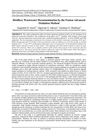 Distillery Wastewater Decontamination by the Fenton Advanced Oxidation Method