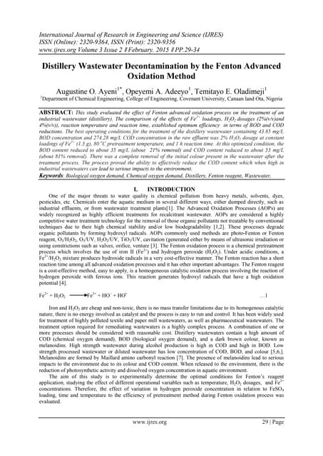 Distillery Wastewater Decontamination by the Fenton Advanced Oxidation Method
