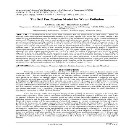 	The Self Purification Model for Water Pollution