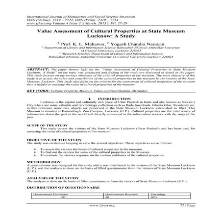 Value Assessment of Cultural Properties at State Museum Lucknow: A Study