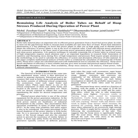 Remaining Life Analysis of Boiler Tubes on Behalf of Hoop Stresses Produced D...