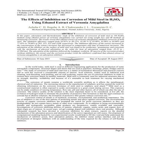 The Effects of Inhibition on Corrosion of Mild Steel in H2SO4 Using Ethanol E...