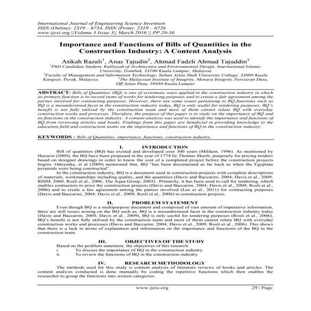 Importance and Functions of Bills of Quantities in the Construction Industry:...