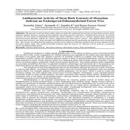 Antibacterial Activity of Stem Bark Extracts of Oroxylum indicum an Endangere...