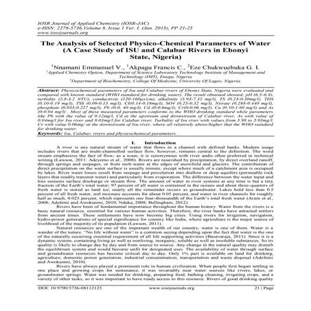 The Analysis of Selected Physico-Chemical Parameters of Water (A Case Study o...