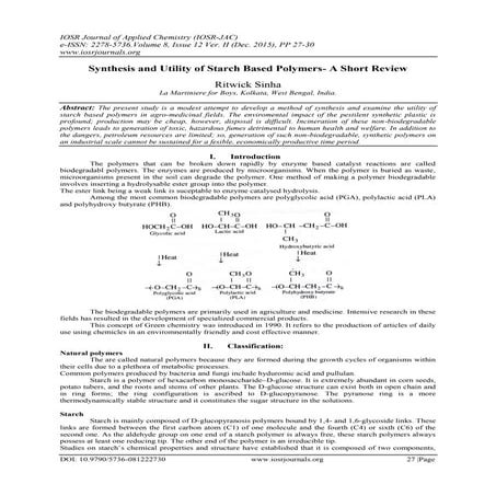 Synthesis and Utility of Starch Based Polymers- A Short Review | PDF