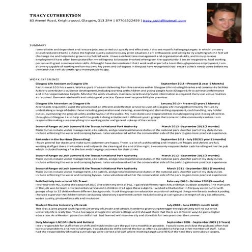 Curriculum vitae Tracy Cuthbertson 2016