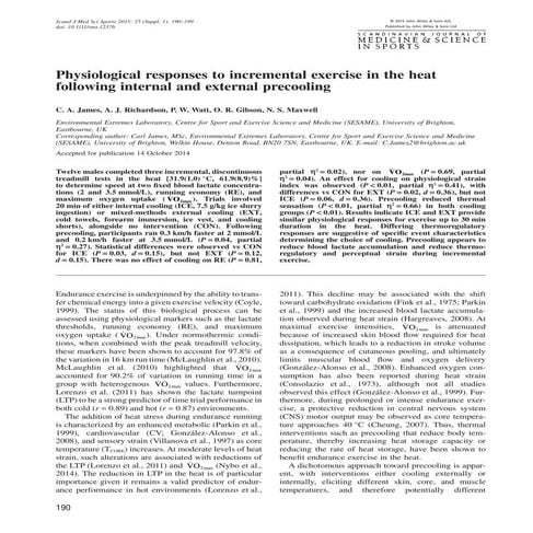 James et al  (2015) Physiological responses to incremental exercise in the heat following internal and external precooling