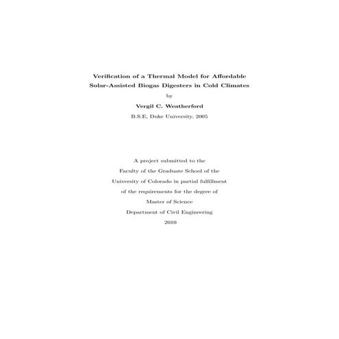 Verification of a Thermal Model for Affordable Solar Assisted Biogas Digester...