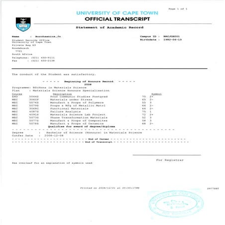 UCT Transcript of official academic record | PDF