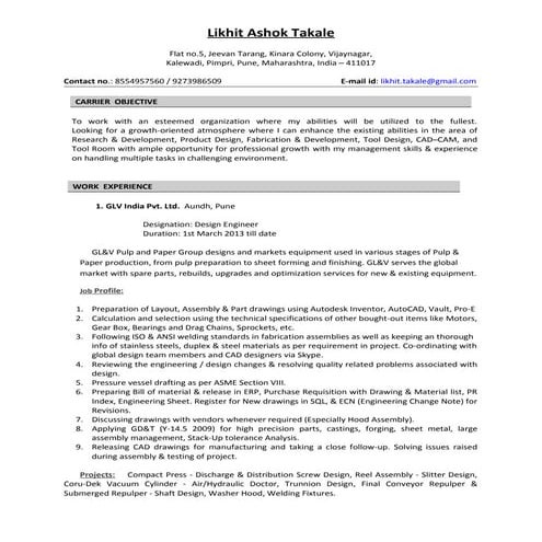 Resume for Mechanical Design engineer template | PDF