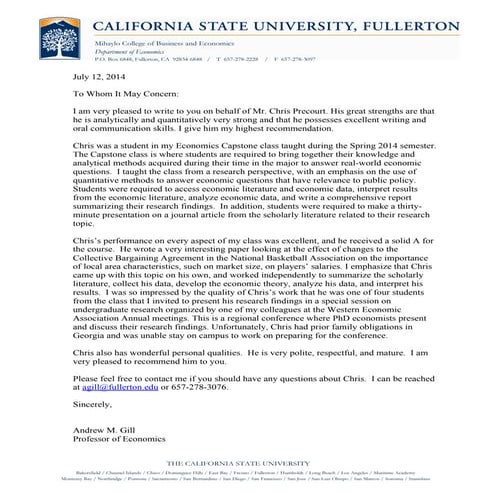 Economics Letter of Recommendation