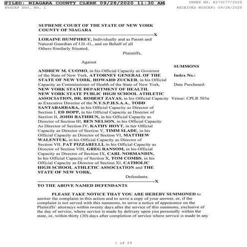 Lawsuit against Governor Cuomo over high school football in New York State