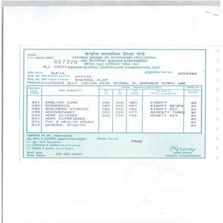 CBSE HIGH SCHOOL SUFIA 2007 - MARK SHEET | PDF