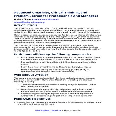 Advanced Creativity problem solving and decision making for professionals revised outline 2015