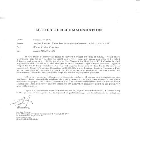 Site Manager Recommendation Letter