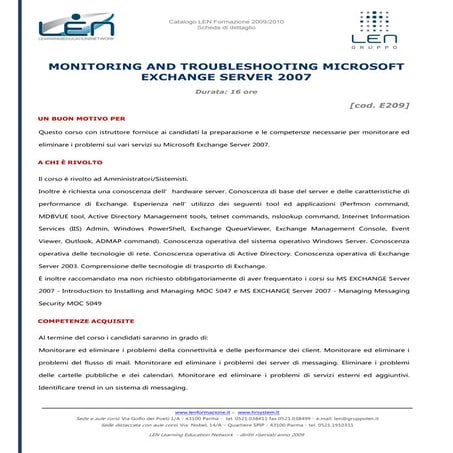 Monitoring troubleshooting microsoft exchange server 2007 - Scheda corso LEN