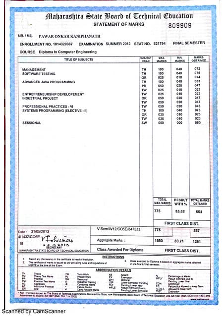 diploma marksheet