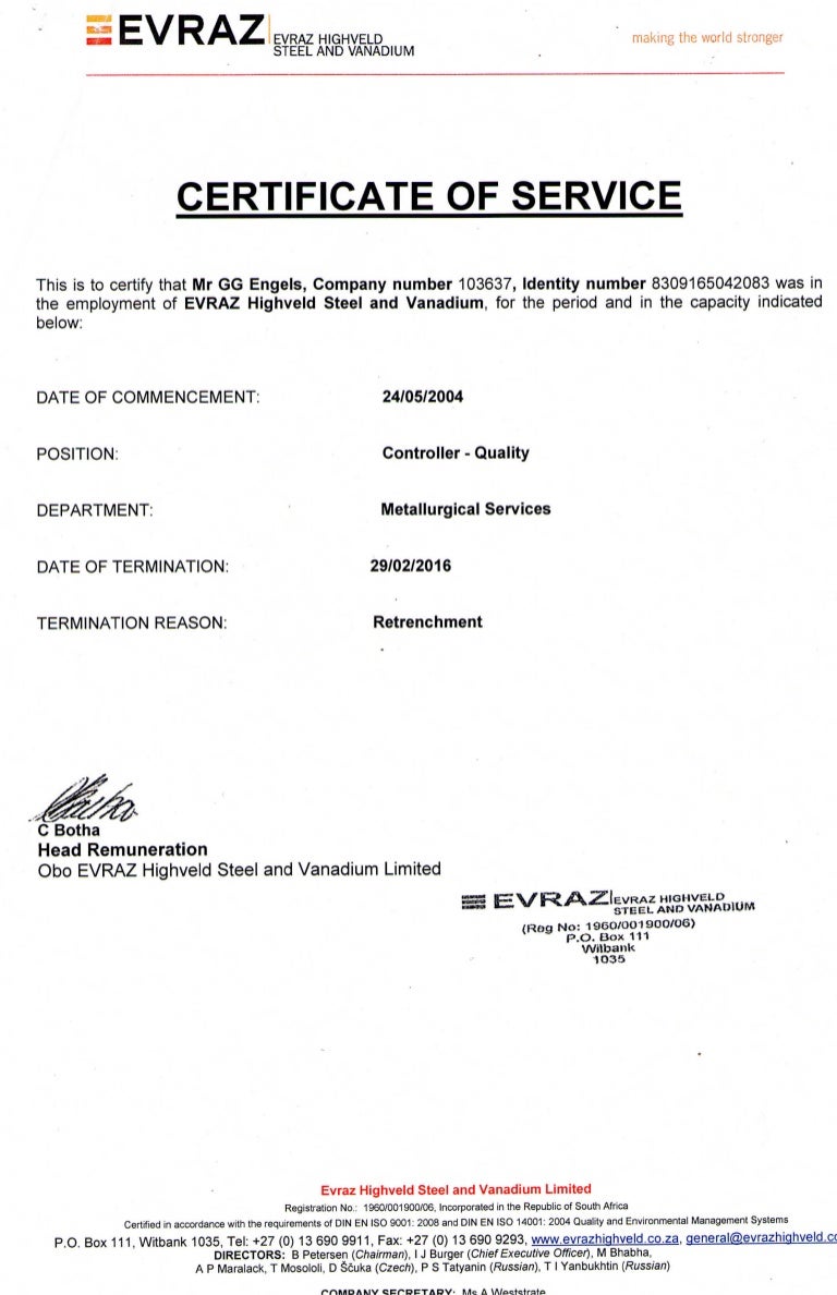 Certificate of Service - Retrenchment Pertaining To Certificate Of Employment Template