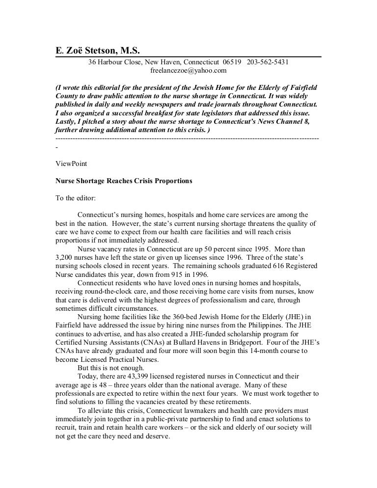 Nurse Shortage Letter to the Editor