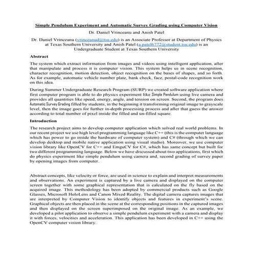 Simple Pendulum Experiment and Automatic Survey Grading using Computer Vision