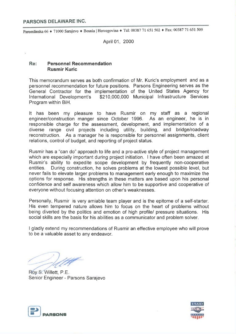 recommendation letter parsons senior regional engineer rw recommendation letter for engineer