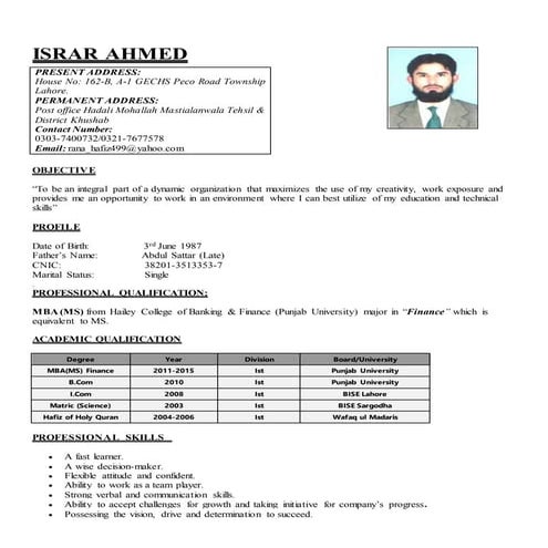 Israr Ahmed CV