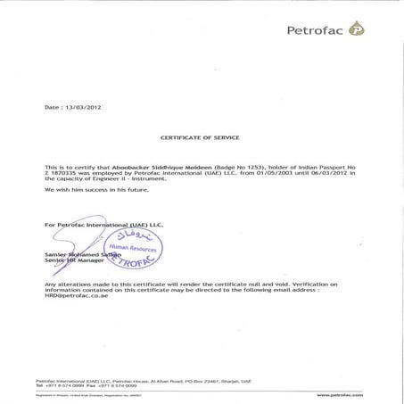 PETROFAC Experience certificate 20030501 - 20120306