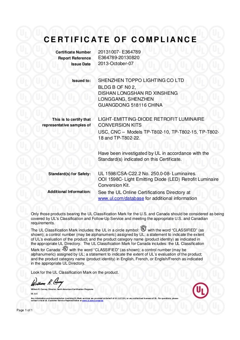 UL certificate for Led tube from Toppo Lighting company