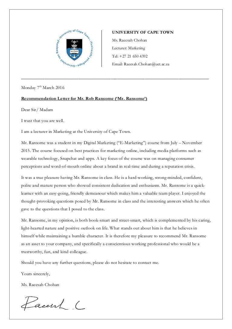 University of Cape Town Letter of
