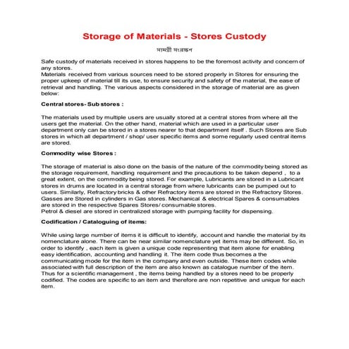 Storage of Materials-Stores Custody