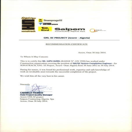 Aurel LUPU_REFERENCE Letter_SAIPEM
