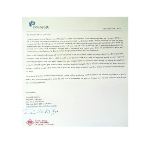 Carta recomendacion Paragon Offshore