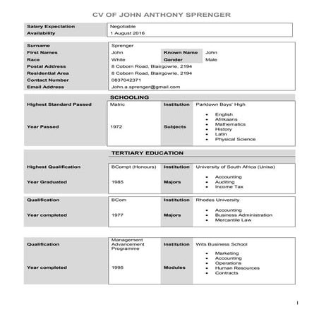 CV - John Sprenger - 4 July 2016