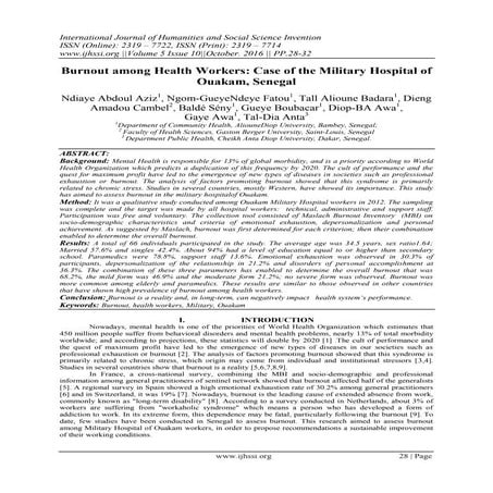 Burnout among Health Workers: Case of the Military Hospital of Ouakam, Senegal