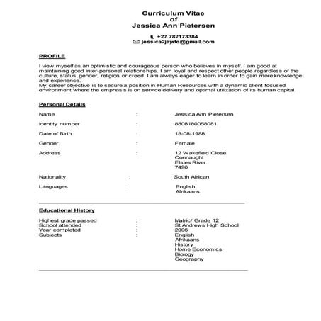 Curriculum Vitae- Jessica Pietersen  2014 Updated 2