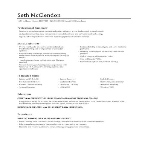Seth McClendon Resume