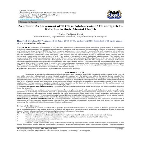 Academic Achievement of X Class Adolescents of Chandigarh In Relation ...