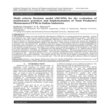 Multi criteria Decision model (MCDM) for the evaluation of maintenance practi...