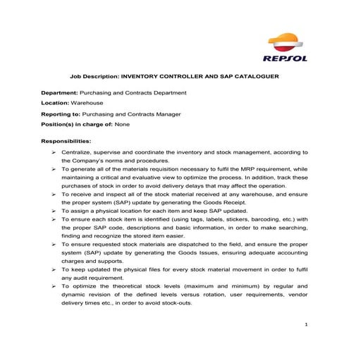 Inventory Controller_SAP Cataloguer | PDF | Logistics | Business