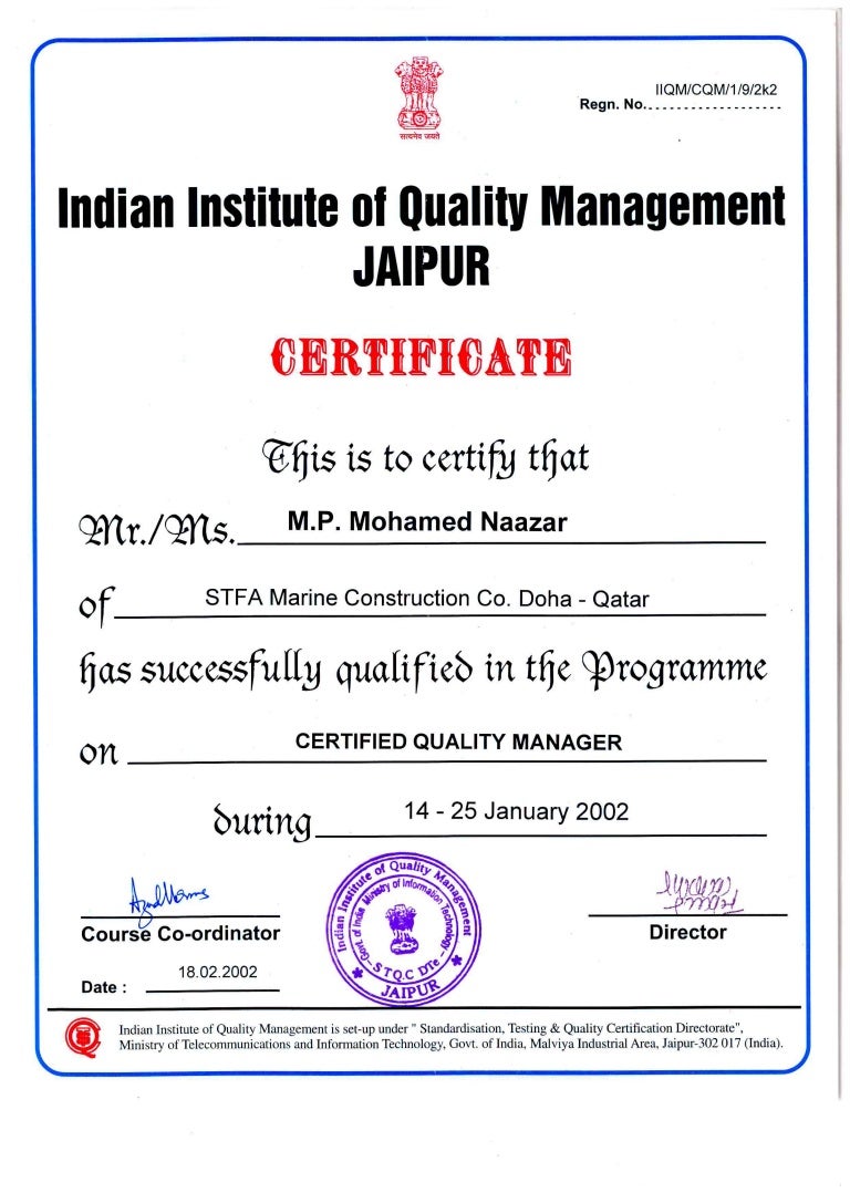 IIQM CERTIFIED QUALITY MANAGER